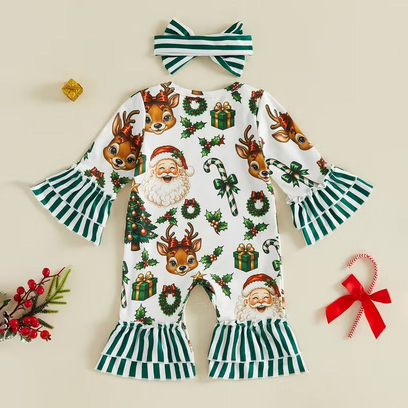 2PCS Baby Girl Holiday Printed Striped Long Sleeve Christmas Jumpsuit
