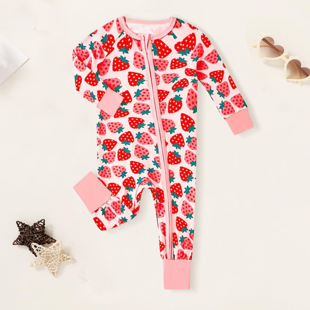 Strawberry Printed Zipper Bamboo Viscose Baby Jumpsuit