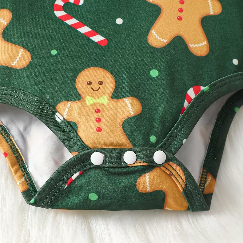 2PCS Gingerbread Man Candy Cane Print Long Sleeve Baby Overalls Set