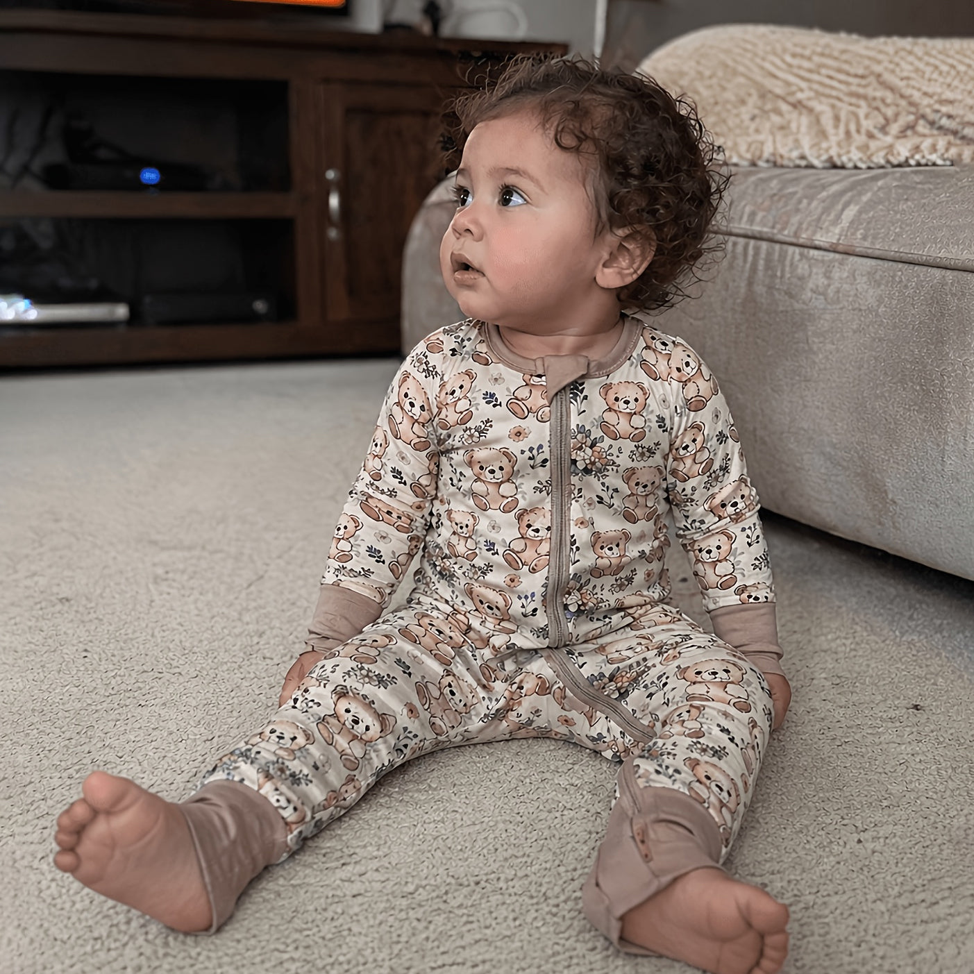 Lovely Bear & Floral Print Zipper Long Sleeve Baby Jumpsuit