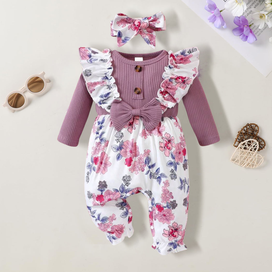 2PCS Grace Floral Print Bow Long Sleeve Baby Jumpsuit