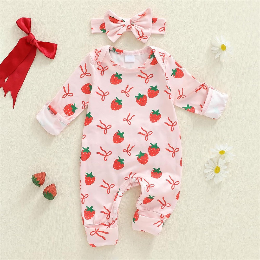2PCS Sweet Strawberry Bow Print Long Sleeve Baby Jumpsuit