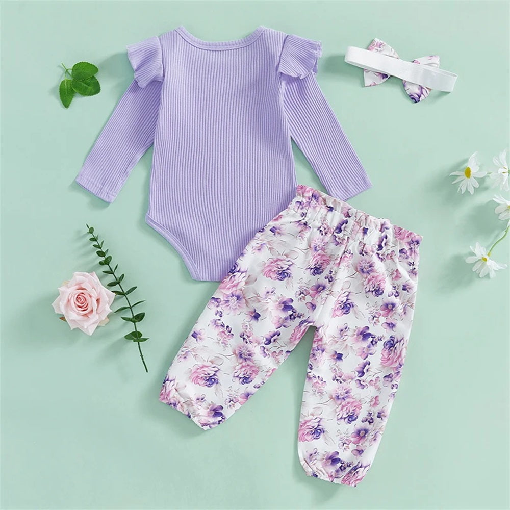 3PCS Lovely Floral Print Rib Long Sleeve Baby Set