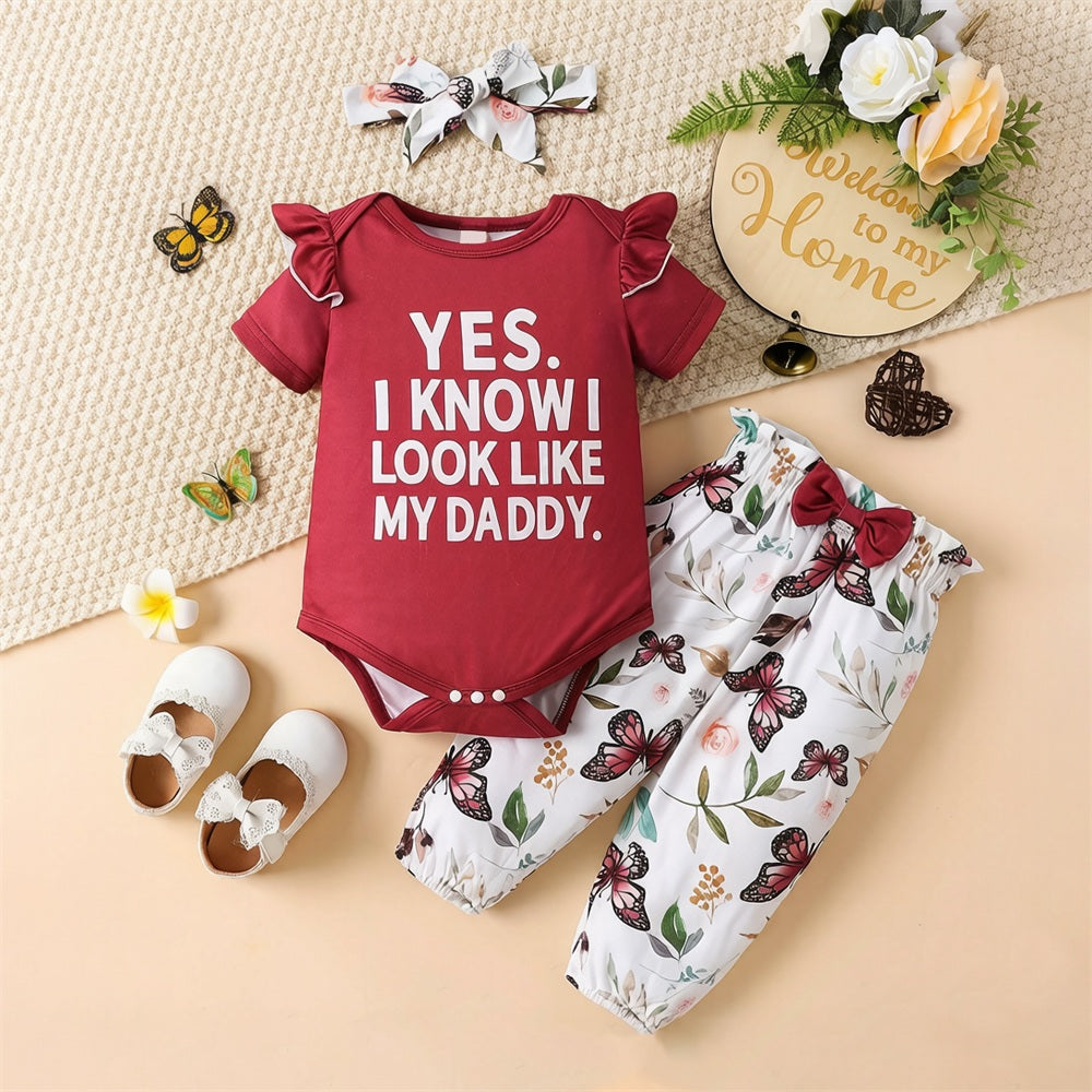3PCS Yes I Know I Look Like My Daddy Letter Butterfly Print Baby Set