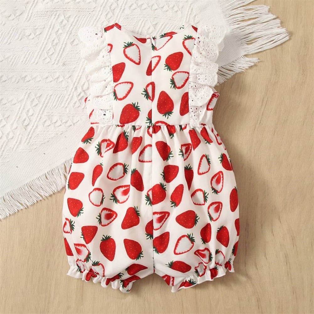 Stylish Strawberry Printed Flounce Sleeve Baby Jumpsuit