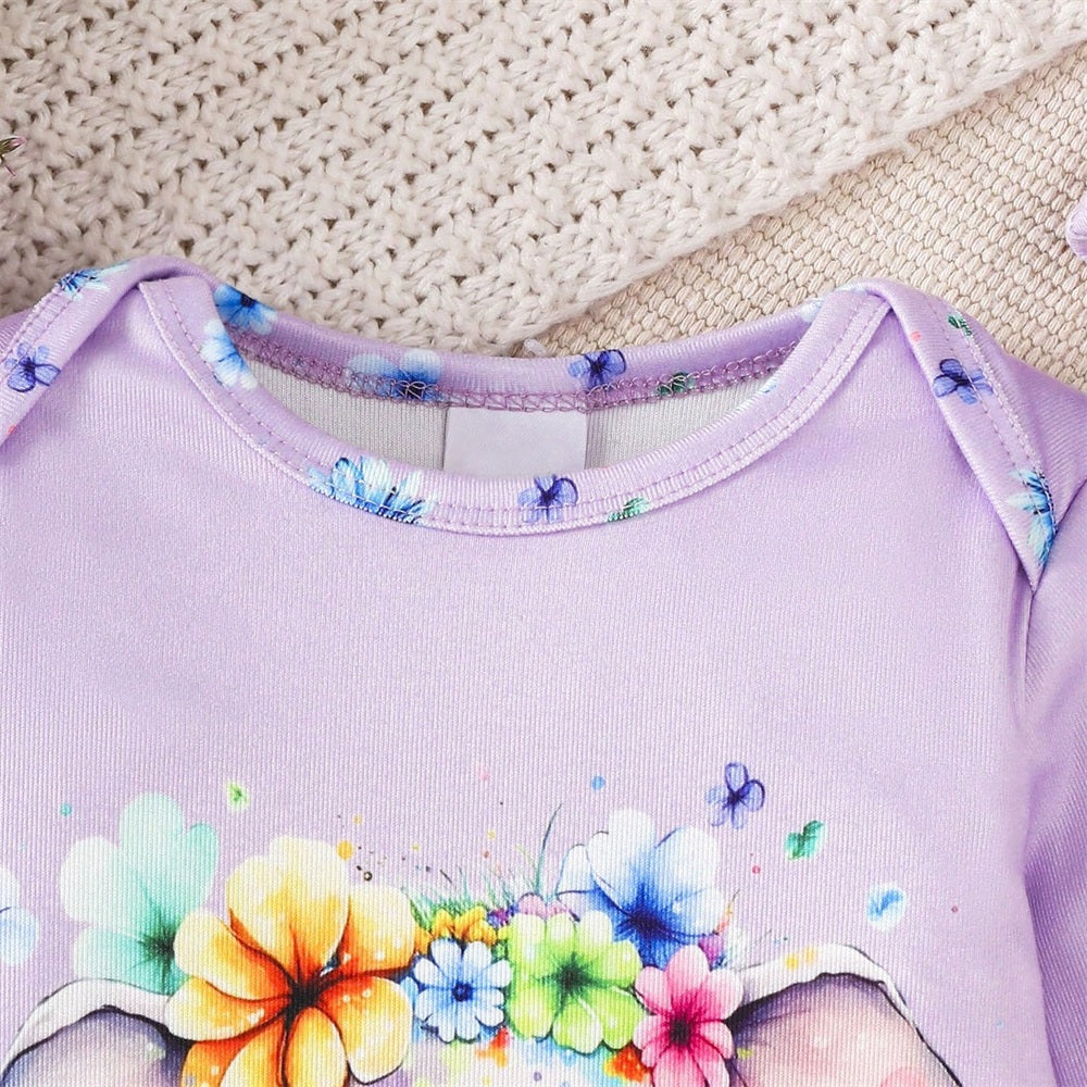 2PCS Elephant and Floral Print Long Sleeve Baby Jumpsuit