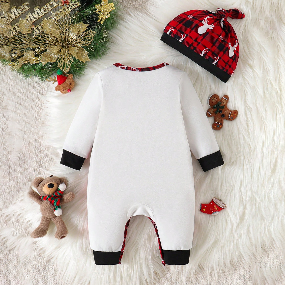 2PCS My First Christmas Letter Elk Plaid Printed Baby Jumpsuit