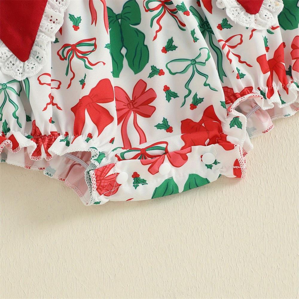 Christmas Bow Print Long Sleeve Baby Girl Romper