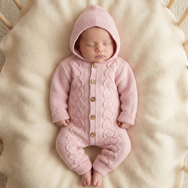 Comfy Solid Color Long Sleeve Hoodie Baby Knit Jumpsuit