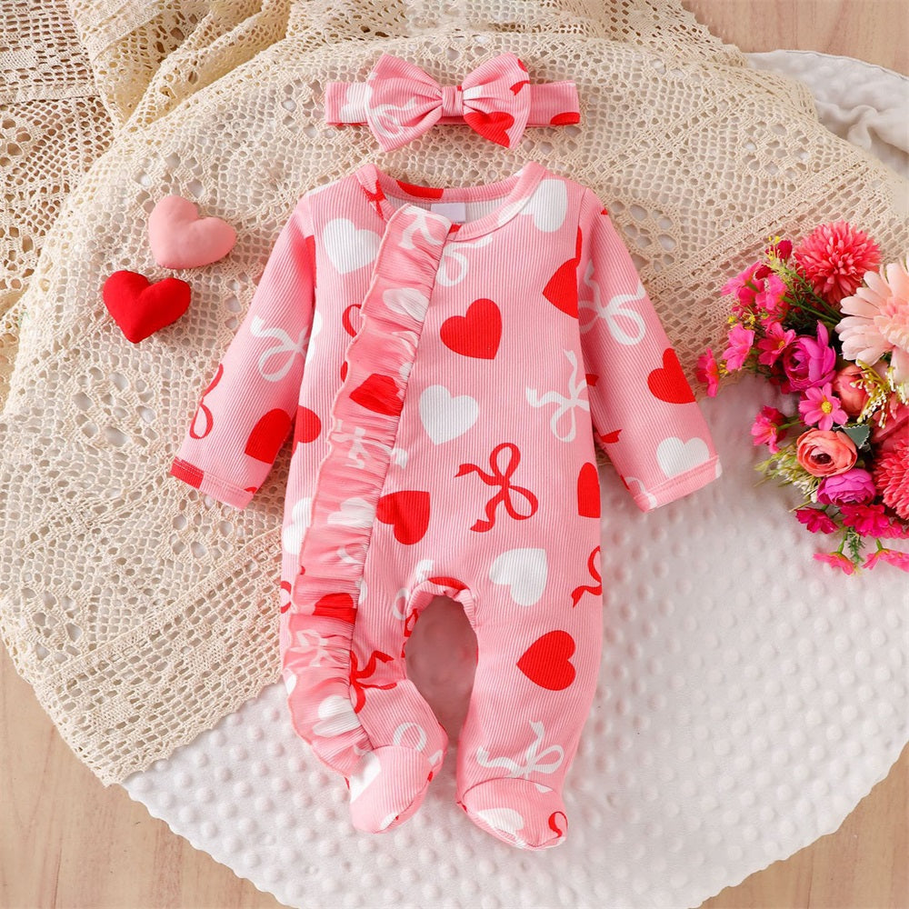 2PCS My First Valentine's Day Letter Heart Print Baby Jumpsuit