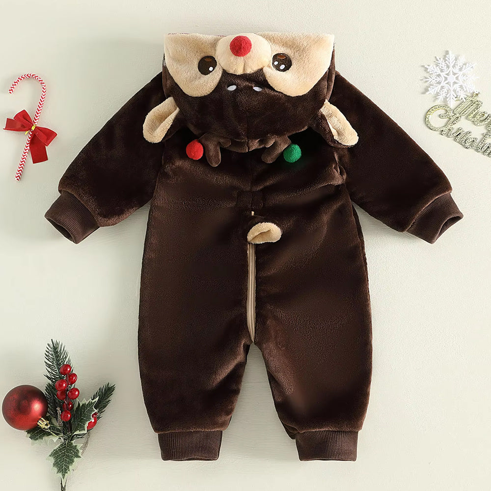 3D Antler Stars Applique Hoodie Plush Zipper Reindeer Baby Jumpsuit