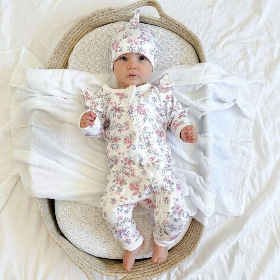 2PCS Exquisite Allover Floral Zipper Print Baby Jumpsuit