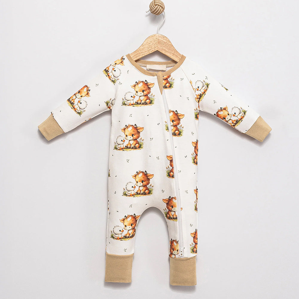 Lovely Cow and Duck Printed Long Sleeve Zipper Baby Jumpsuit