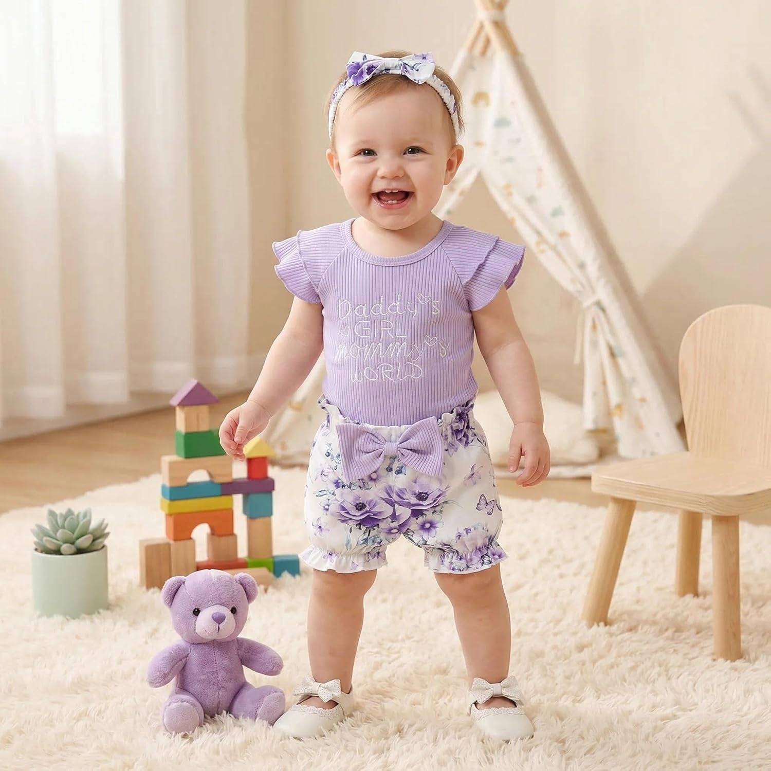 3PCS Daddy's Girl Mommy's World Letter Floral Print Ruffle Baby Set