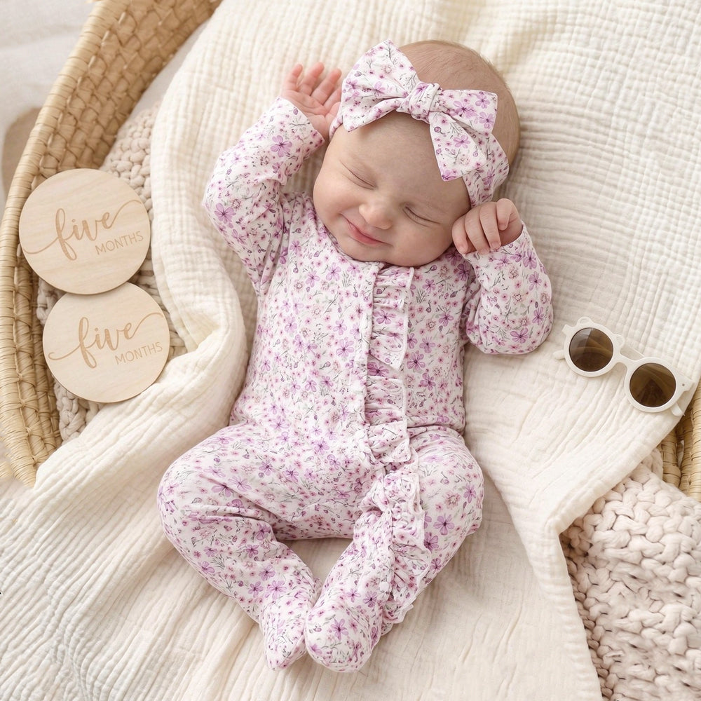 2PCS Romantic Floral Print Ruffle Long Sleeve Baby Zipper Jumpsuit