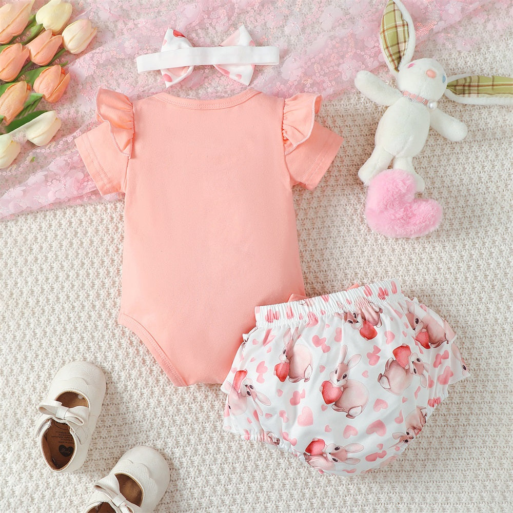 3PCS Mama Is My Bestie Letter Rabbit Print Short Sleeve Baby Set