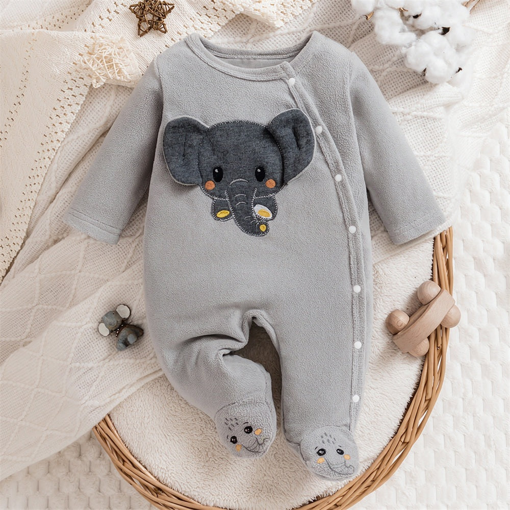 Cute Elephant Applique Polar Fleece Long Sleeve Baby Jumpsuit