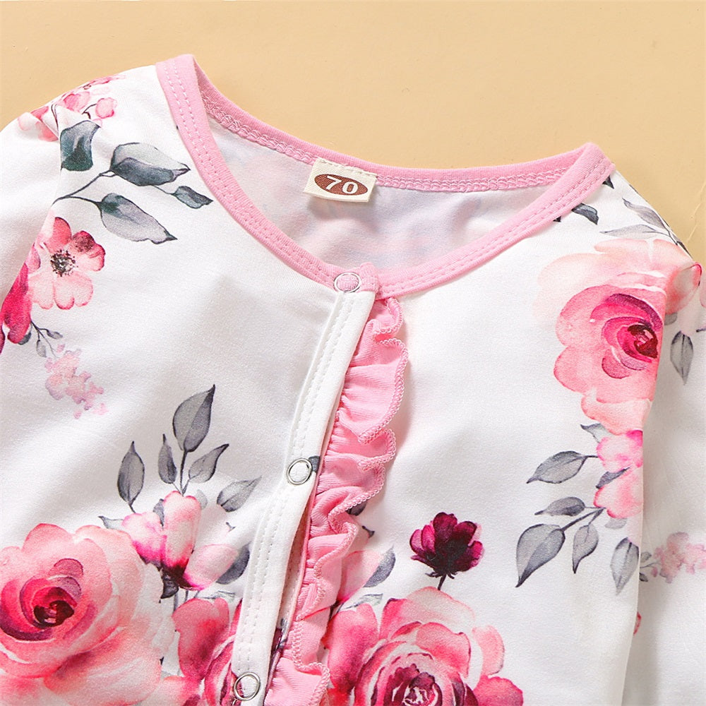 2PCS Stylish Floral Print Frill Trim Long Sleeve Baby Jumpsuit