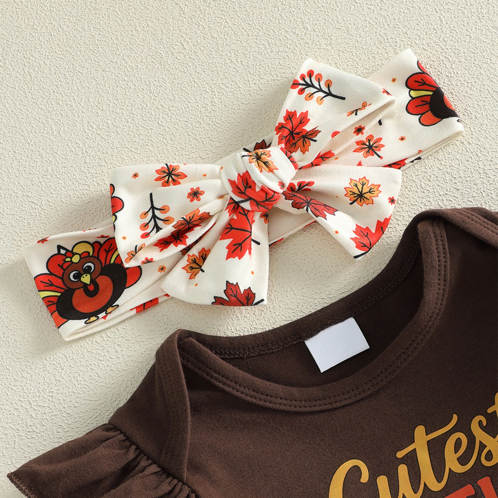 3PCS Cutest Little Turkey Letter Maple Leaves Print Thanksgiving Baby Set