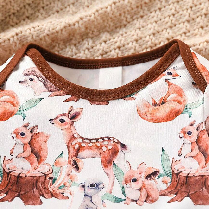 3PCS Animal Print Long Sleeve Texture Baby Overalls Set