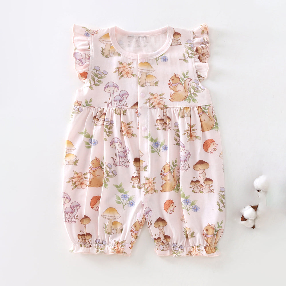 Cute Forest Animal Printed Ruffle Sleeveless Baby Jumpsuit