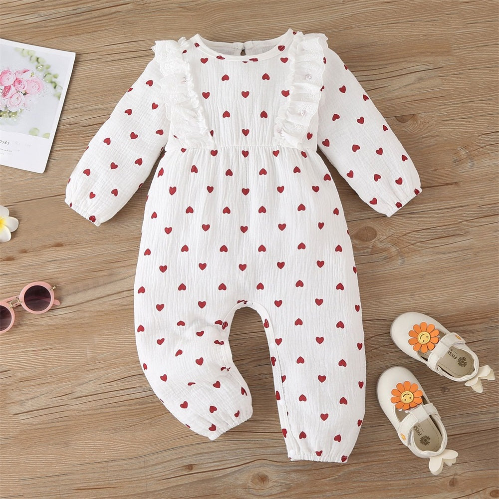 Cute Heart Print Lace Trim Long Sleeve Baby Jumpsuit