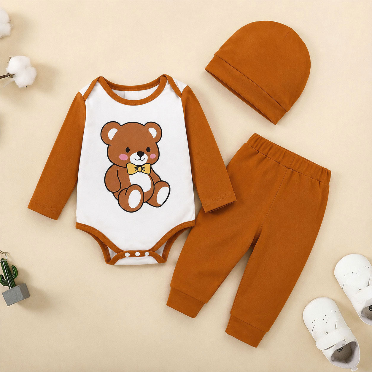 3PCS Lovely Bear Printed Long Sleeve Baby Set