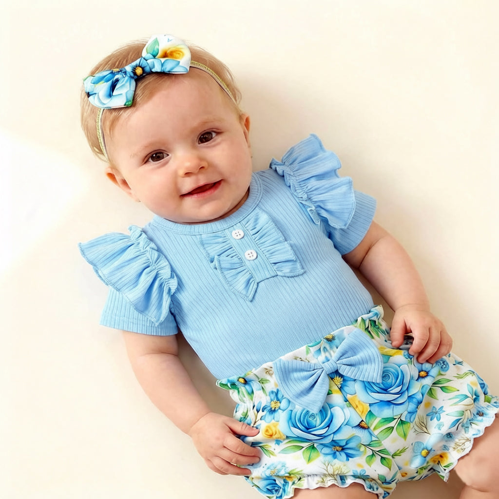 3PCS Chic Floral Printed Short Sleeve Baby Set