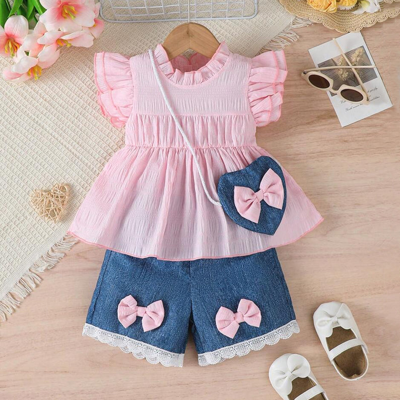3PCS Chic Color Blocking Denim Flounce Sleeve Baby Set