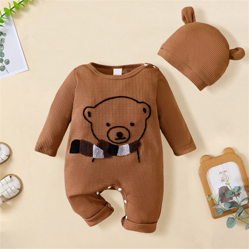 2PCS Cute Scarf Bear Printed Long Sleeve Baby Jumpsuit