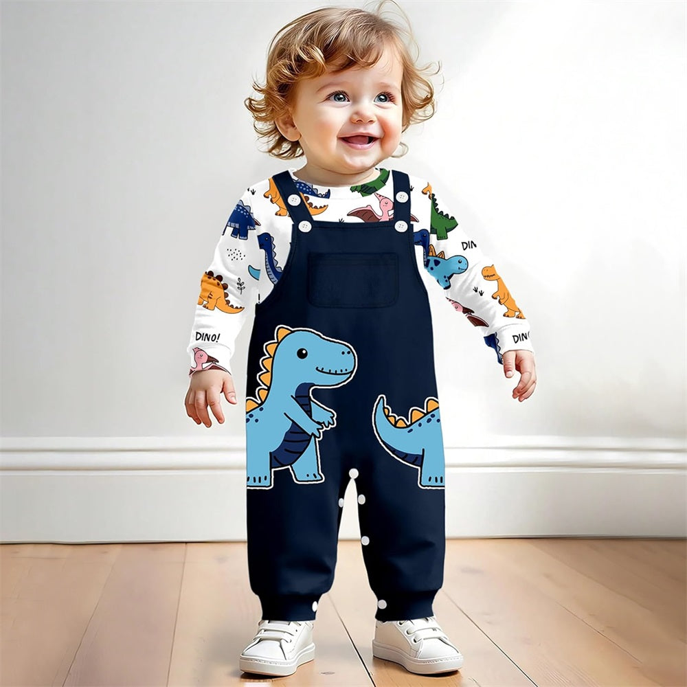 2PCS Casual Cartoon Dinosaur Print Long Sleeve Baby Overalls Set
