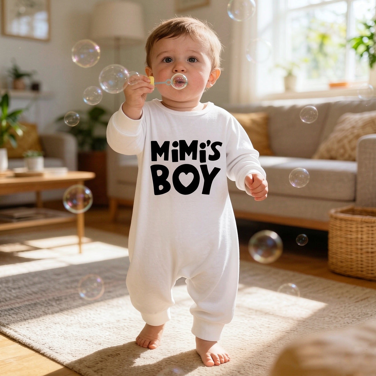 Casual Mimi's Boy Letter Heart Print Long Sleeve Baby Jumpsuit