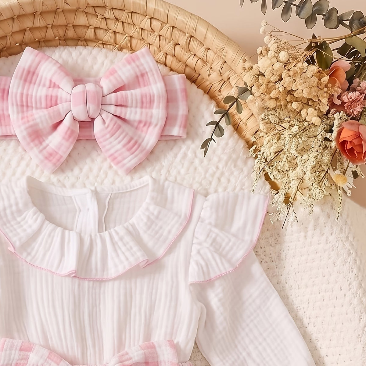 2PCS Pretty Baby Girl Plaid Print Bow Long Sleeve Jumpsuit
