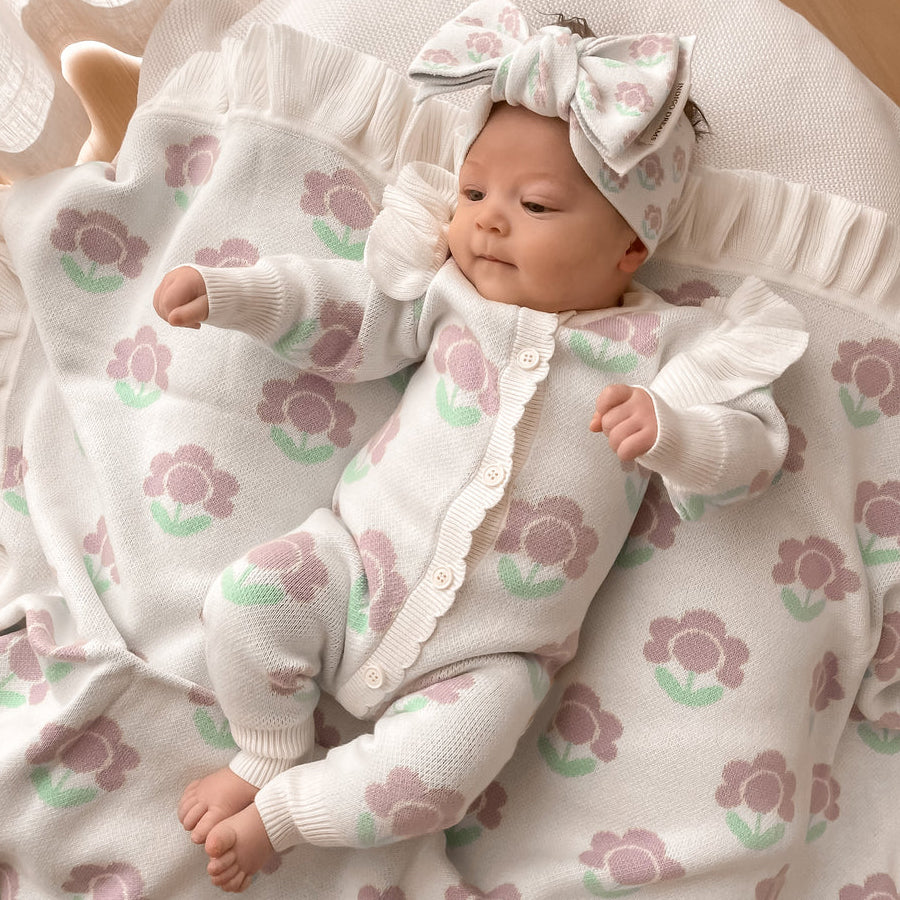 2PCS Floral Printed Knitted Long Sleeve Baby Jumpsuit