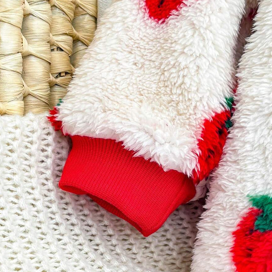 Cute Strawberry Printed Zipper Long Sleeve Fleece Baby Hooded Jumpsuit
