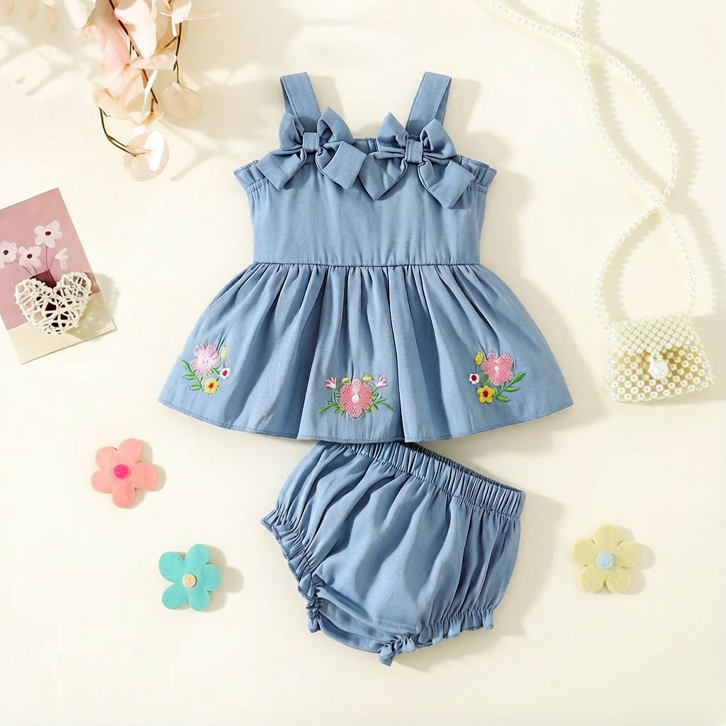 2PCS Sweet Floral Embroidery Sleeveless Baby Set