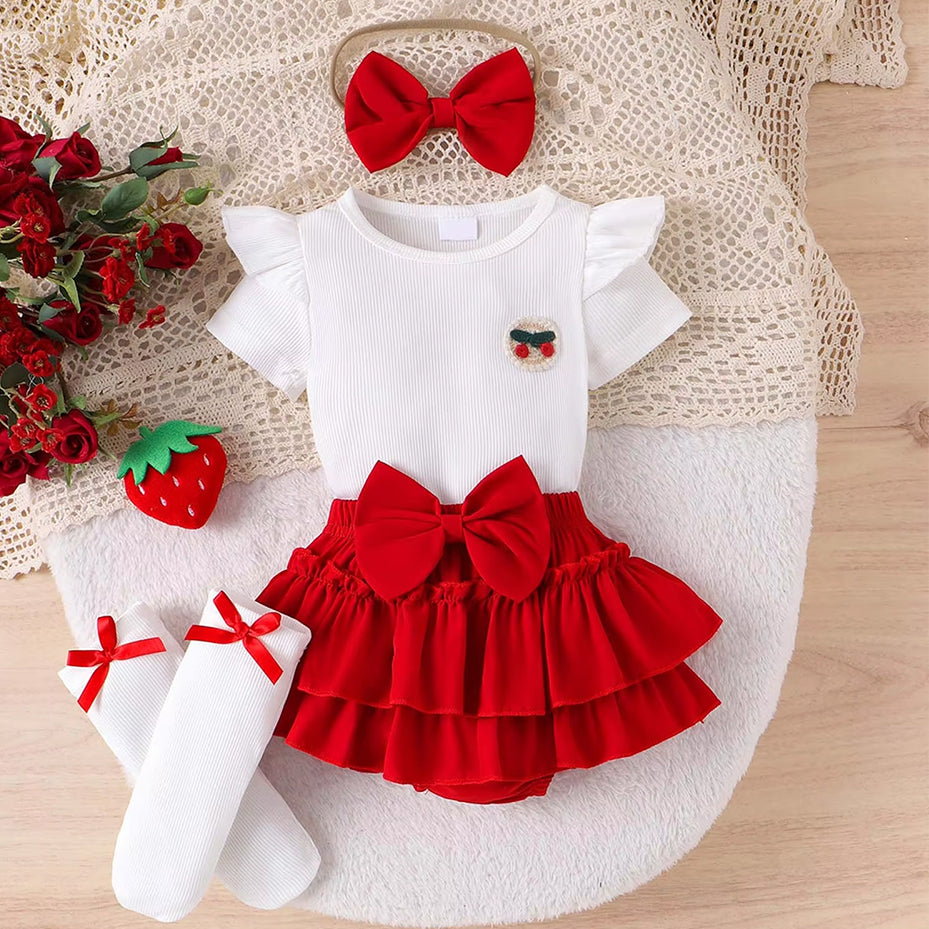 4PCS Sweet Cherry Embroidery Short Sleeve Baby Set