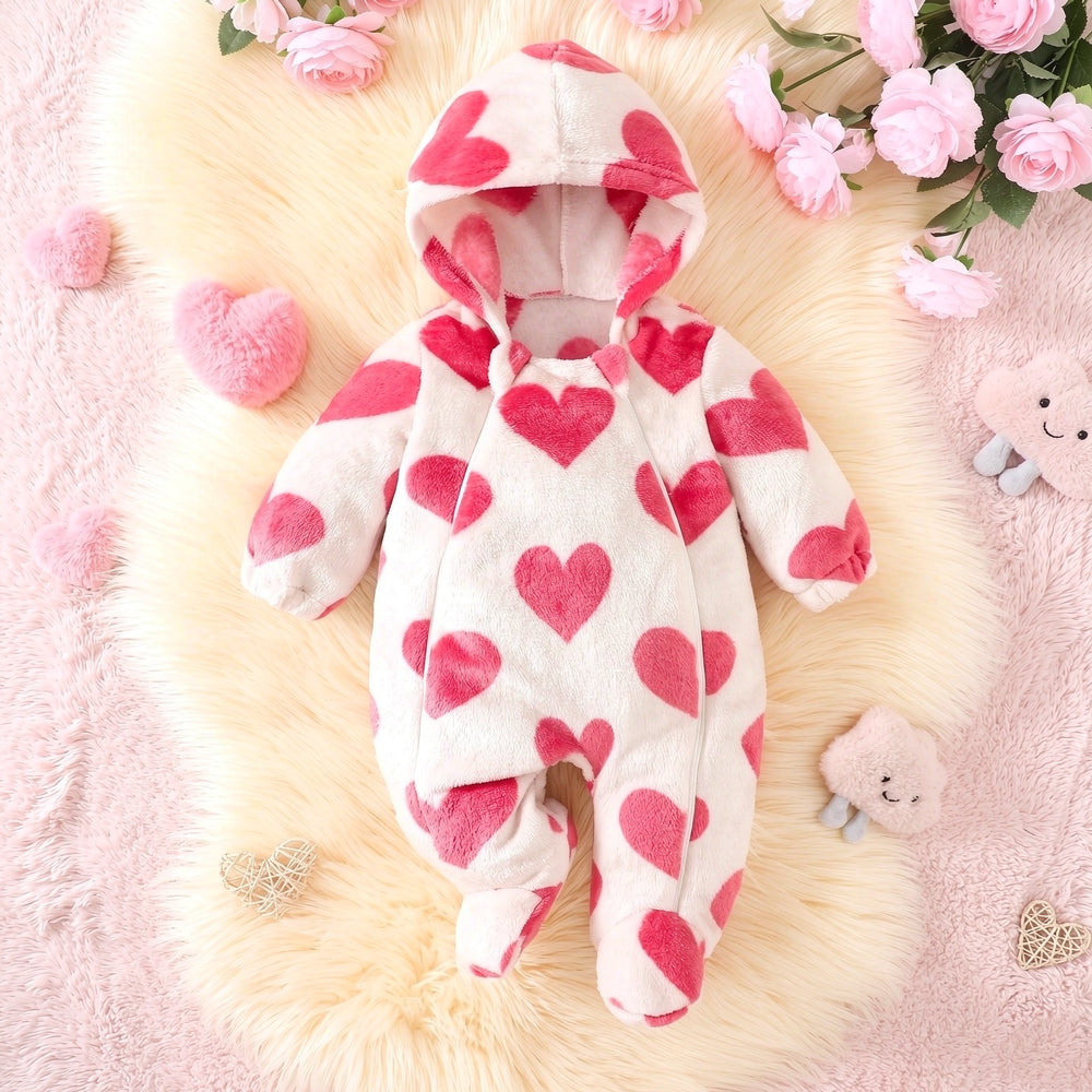 Cute Baby Girl Heart Print Fleece Hooded Zipper Jumpsuit