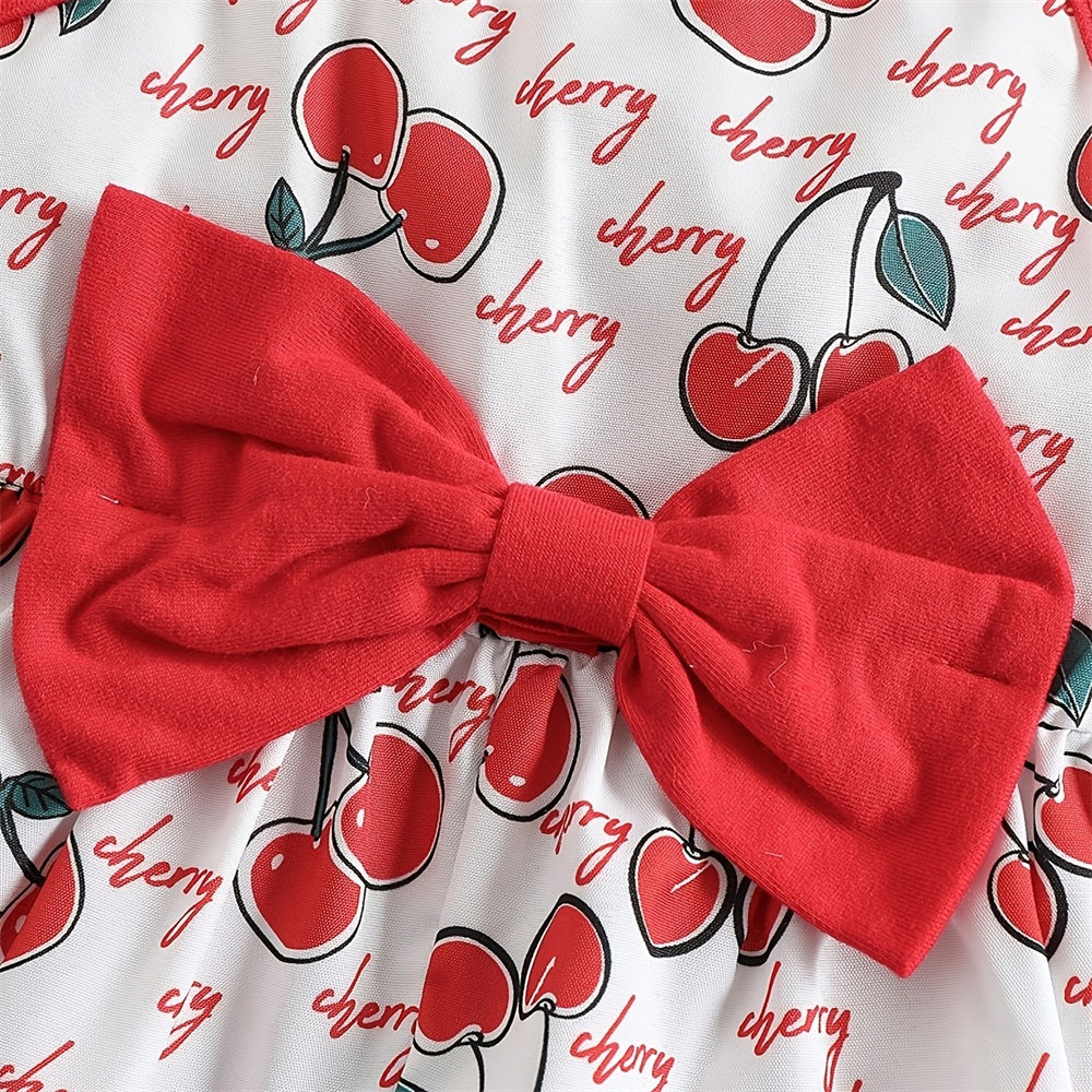 Cute Cherry Printed Bow Fly Sleeve Baby Jumpsuit