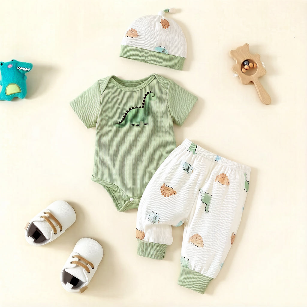 3PCS Casual Dinosaur Print Short Sleeve Baby Set