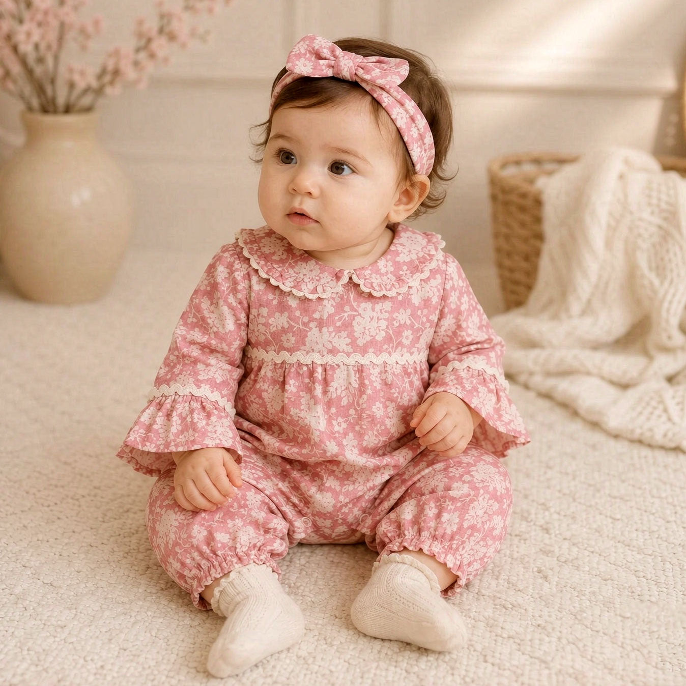 2PCS Charming Floral Printed Ruffle Long Sleeve Baby Girl Jumpsuit