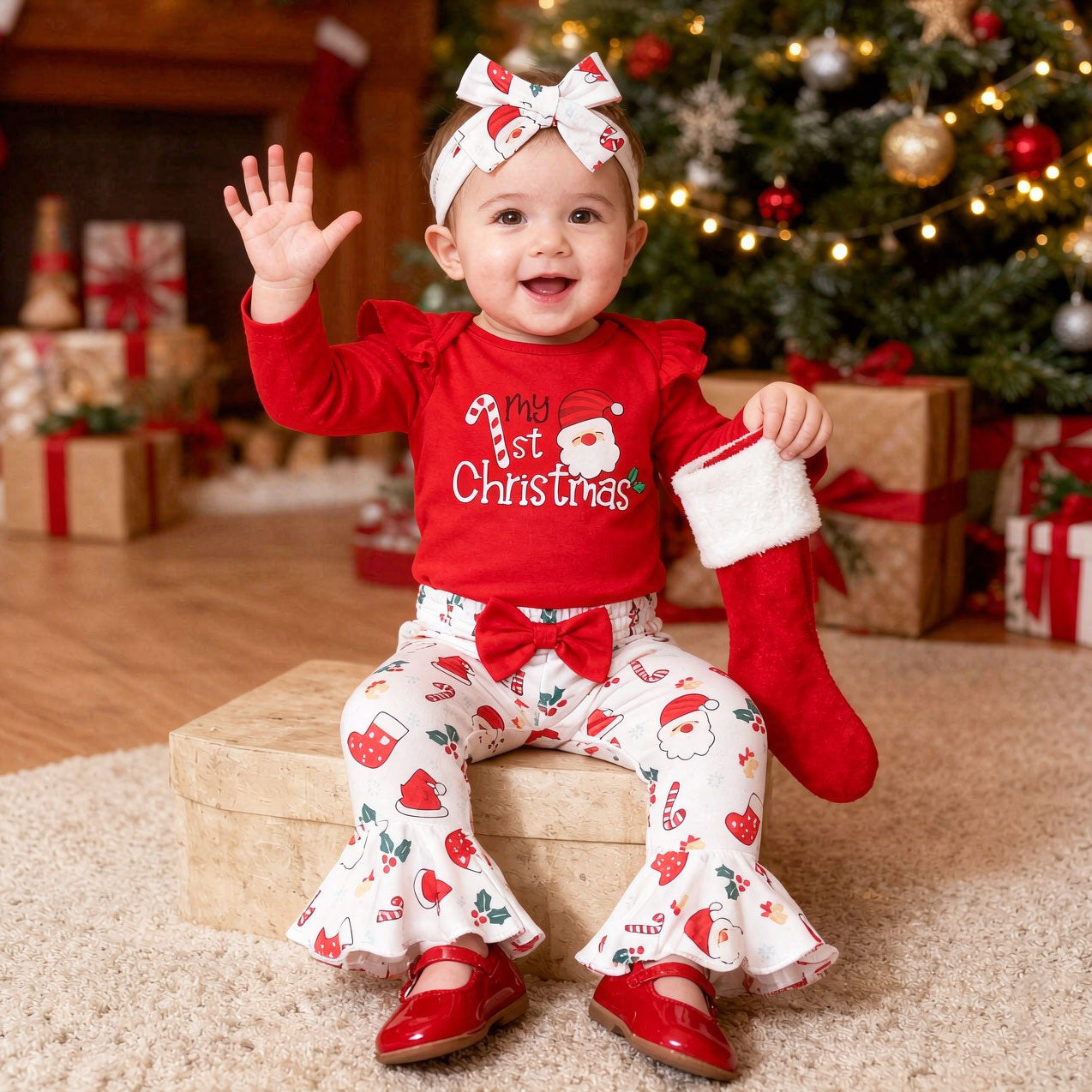 4PCS My 1st Christmas Letter Santa Claus Print Long Sleeve Baby Girl Set