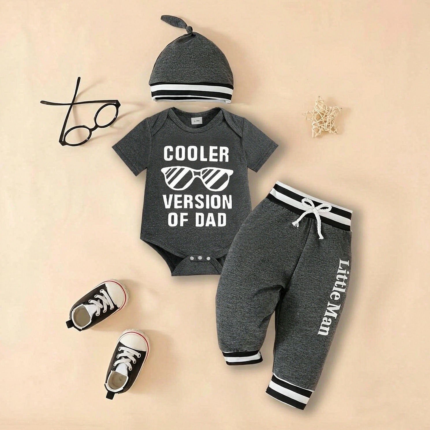 3PCS Cooler Version of Dad Letter Stripe Printed Short Sleeve Baby Set