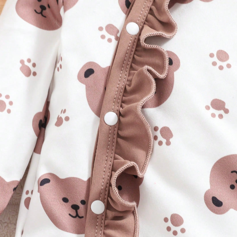 3PCS Cute Bear Printed Long Sleeve Ruffle Baby Jumpsuit