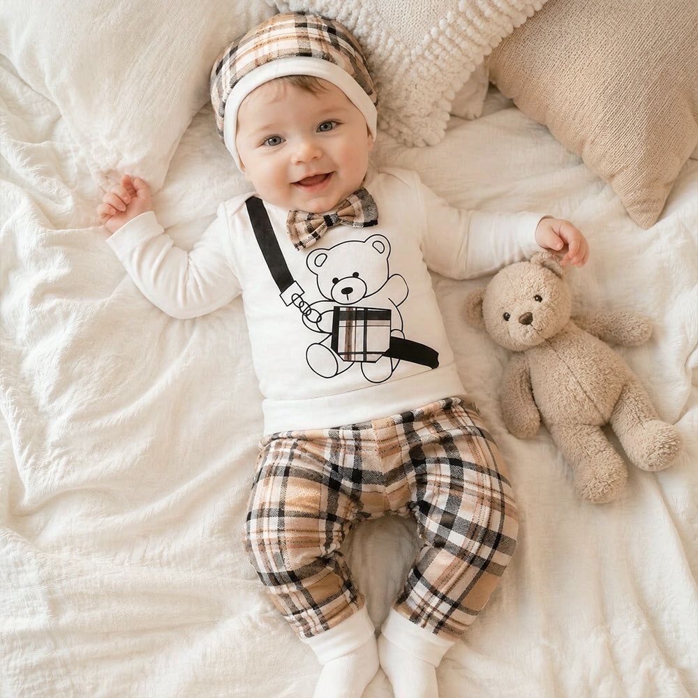 3PCS Casual Teddy Bear Plaid Print Long Sleeve Baby Boy Set