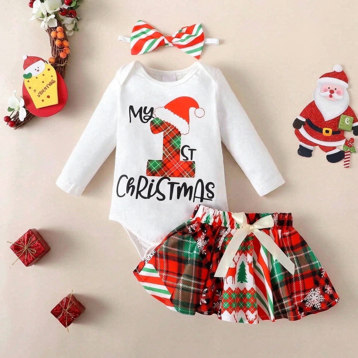 3PCS My 1st Christmas Letter Reindeer Plaid Print Long Sleeve Baby Set