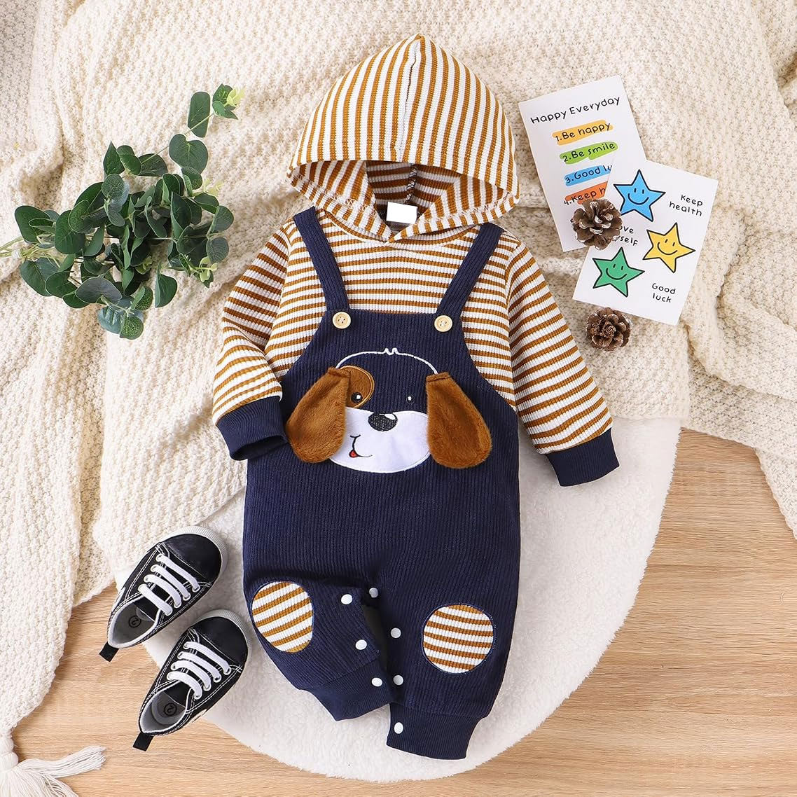 Cute Faux Layered Dog Applique Stripe Print Hooded Baby Jumpsuit