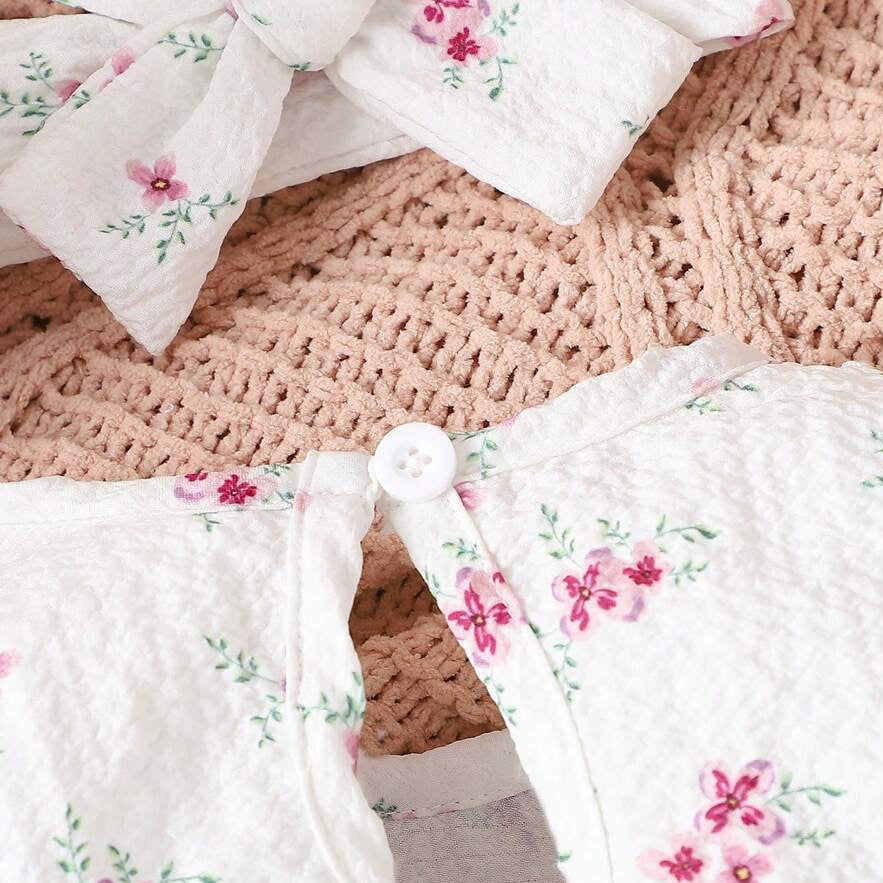 2PCS Allover Floral Printed Ruffle Long Sleeve Baby Girl Jumpsuit