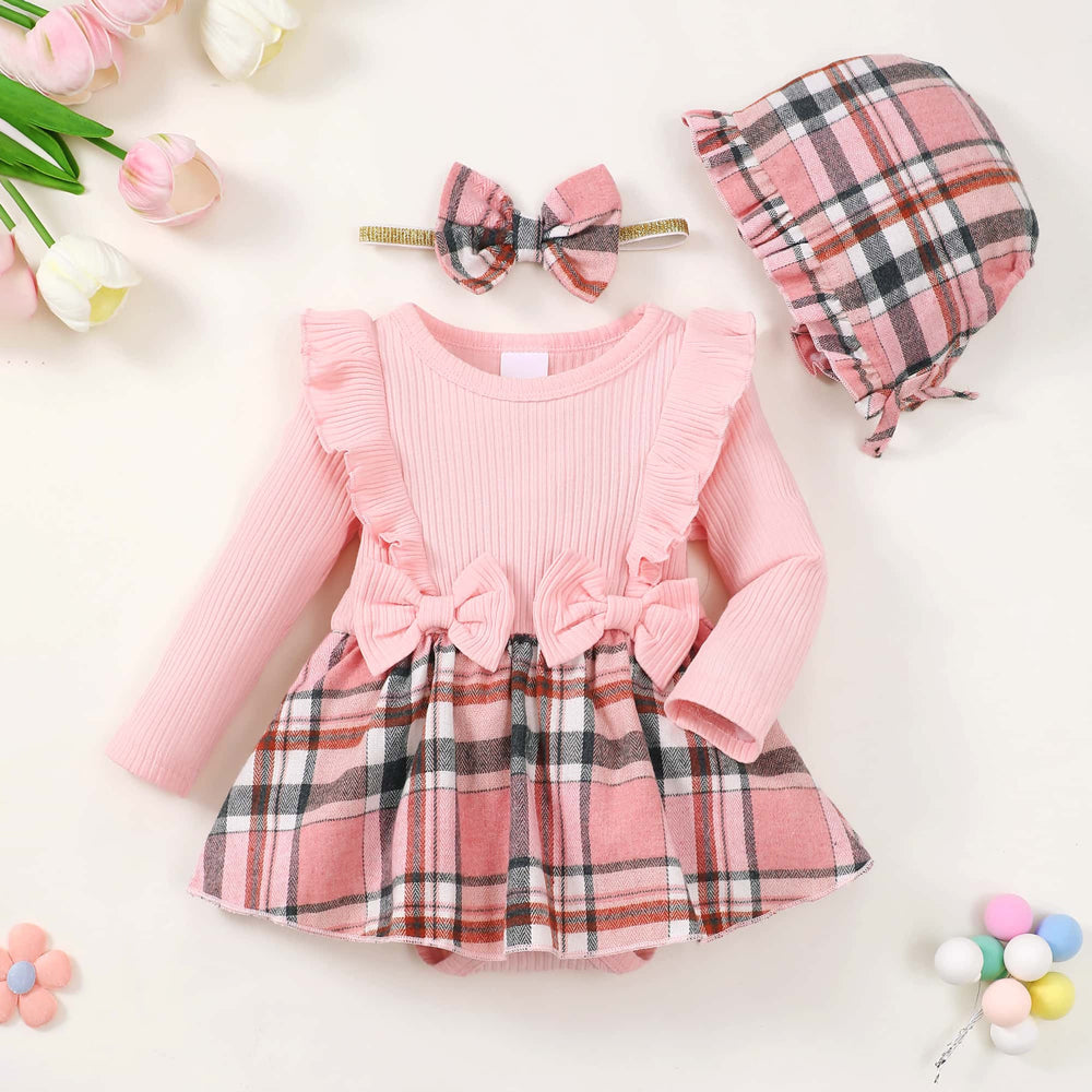3PCS Pretty Plaid Print Long Sleeve Baby Romper
