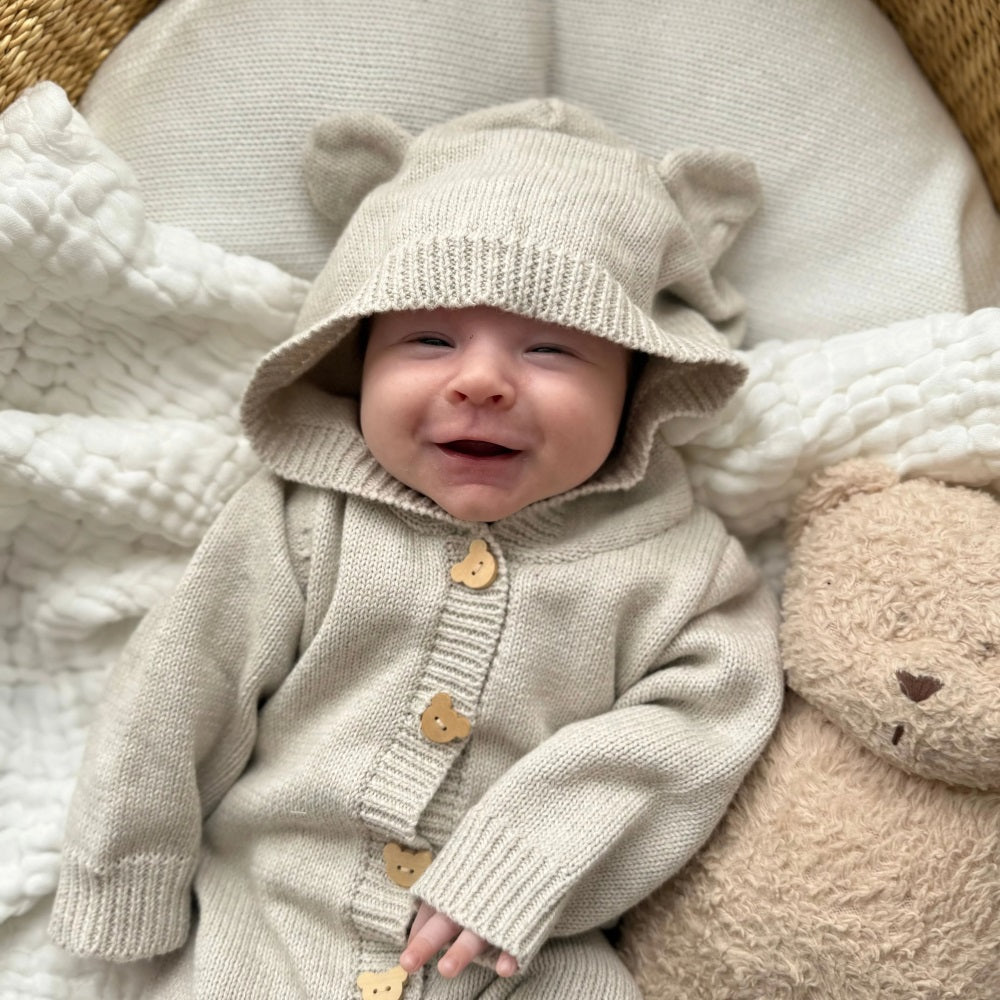 Cozy Solid Color Knit Long Sleeve Baby Hooded Jumpsuit